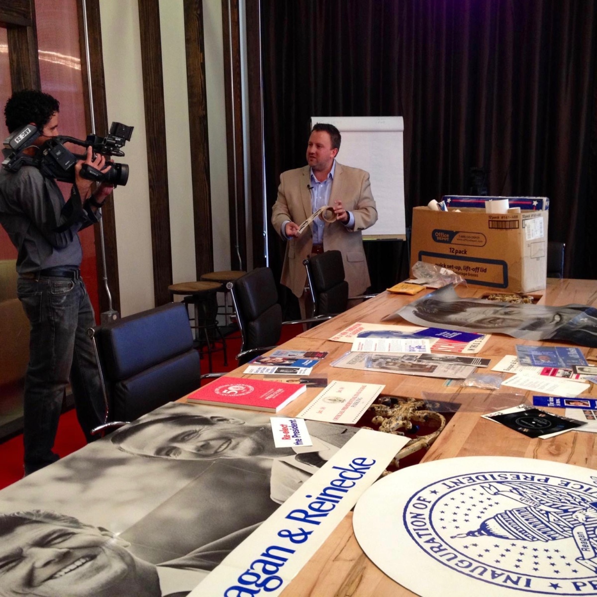 Jay getting interviewed by News with a Twist about his Ronald Reagan memorabilia collection